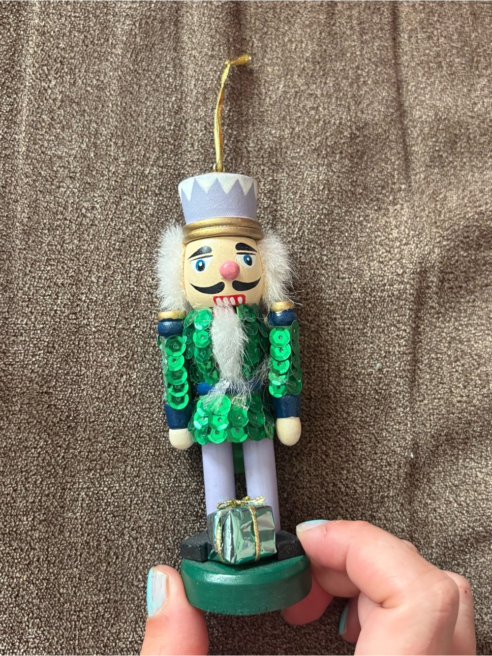 Vintage Green Sequin Nutcracker Ornament Wooden Holiday Christmas